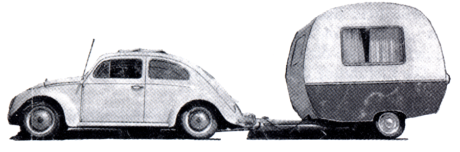 VW-Kaefer mit dem Wohnwagen 'Schwalbennest'. 1950er Jahre