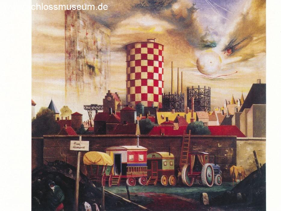 Das Postkartenmotiv zeigt das Gemälde „Der bunte Gasometer“ von Franz Radziwil