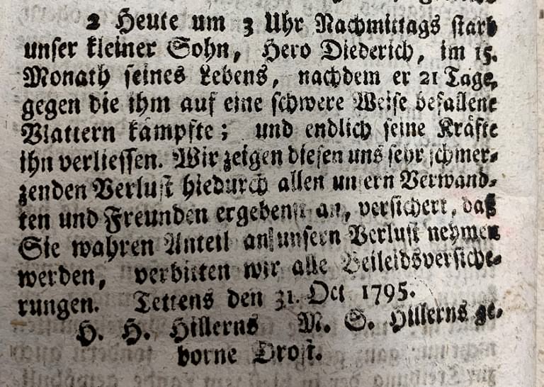 Todesanzeige in den Jeverschen wöchentlichen Anzeigen 31. Oktober 1795