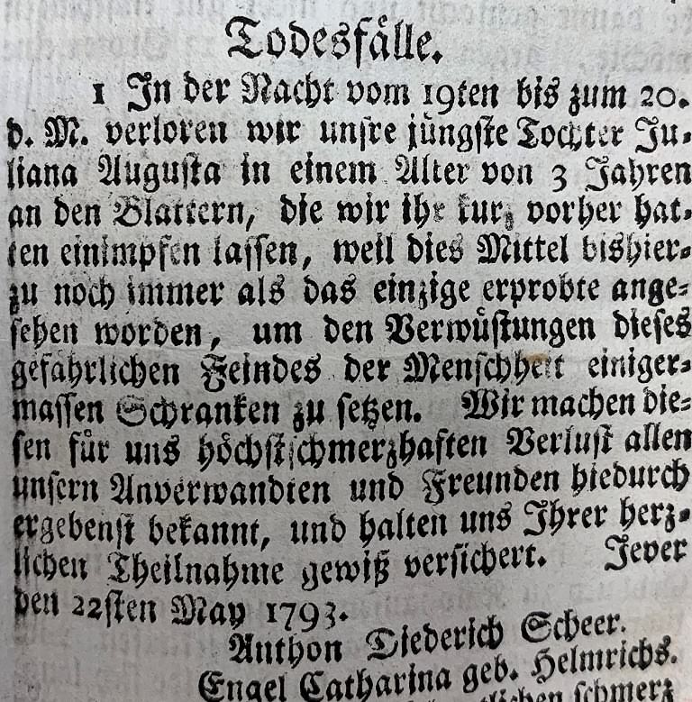 Todesanzeige eines nach einer Impfung verstorbenen Kleinkindes in den Jeverschen Wöchentlichen Anzeigen 22. Mai 1793