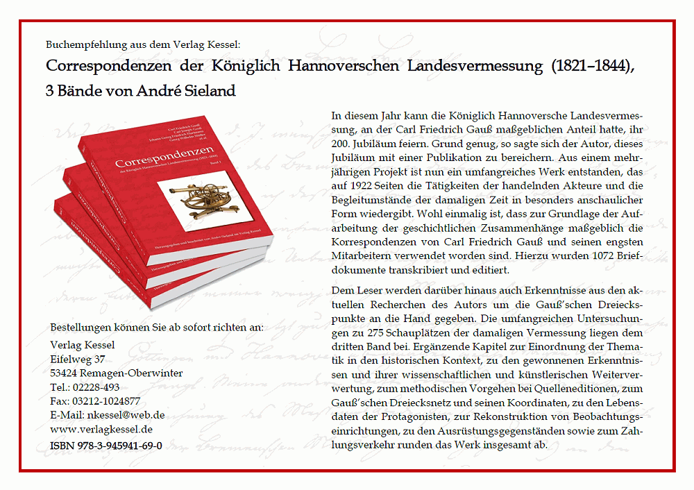 Buchempfehlung: Correspondenzen der Königlich Hannoverschen Landesvermessung (1821–1844, Sieland, A., Hrsg., Gauß, C. F., Gauß, C. J., Hartmann, J. G., Müller, G. W.)