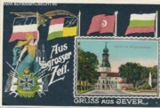 Natürlich befinden sich auch Propaganda-Postkarten im Bestand, hier mit den Flaggen der Verbündeten Deutsches Kaiserreich, Österreich-Ungarn, das Osmanische Reich und dem Zarentum Bulgarien.