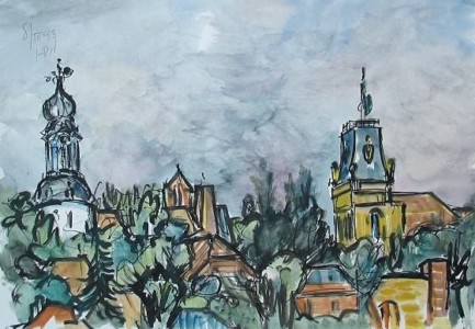 "Jever" (Bild für die Einladungskarte)
Mischtechnik (Aquarell, Tusche), 40,5 x 47,5 cm
signiert oben links 8.3.1993