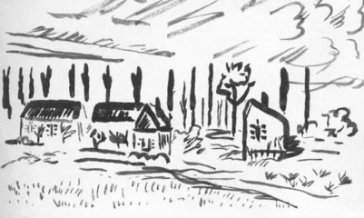 Georg von der Vring, Landschaft in Nordwestfrankreich, Tuschfeder, 13,1 cm x 21 cm, unsigniert, 1918 (Privatbesitz)