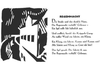 Doppelseite aus dem Gedichtband "Südergast". Der Holzschnitt zeigt das Haus am Schlosserplatz, in dem sich die Wohnung der Vrings befand.