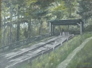 H.A. Janßen, Alt Jever, ehemalige Kegelbahn am Schützenhof, Öl auf Holz, um 1960.