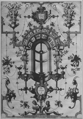 Cornelis Floris: Groteske (J. u. L. van Doetecum nach Cornelis Floris, hrsg. von Hieronymus Cock: Veelderley nieuwe inventien van antycksche sepulturen, Antwerpen 1554–1557).
