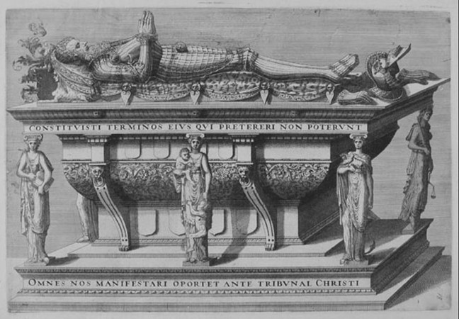 Cornelis Floris: Entwurf für ein Grabmal (J. u. L. van Doetecum nach Cornelis Floris, hrsg. von Hieronymus Cock: Veelderley nieuwe inventien van antycksche sepulturen, Antwerpen 1557).